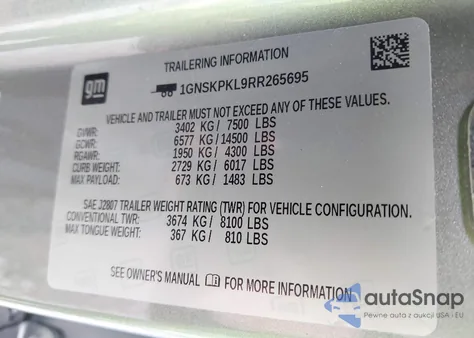 2024 Chevrolet Tahoe 4Wd Z71 из США, поврежденный, VIN 1GNSKPKL9RR265695